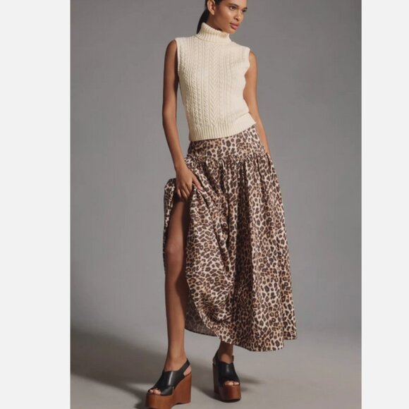 Anthropologie Mare Mare Basque-Waist Maxi Skirt Leopard Animal Print Size L NWT - Picture 1 of 12